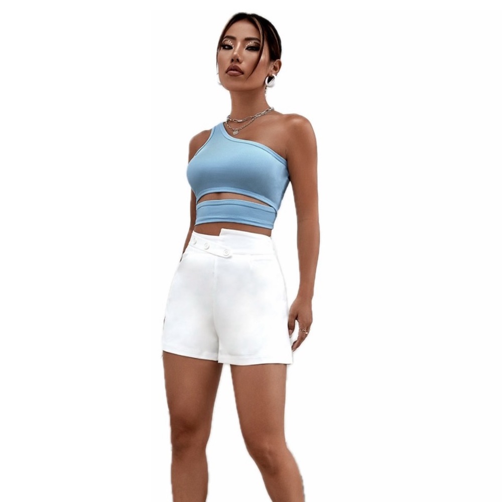 Shein Light Blue One Shoulder Cutout Cropped Crop Top Tank
